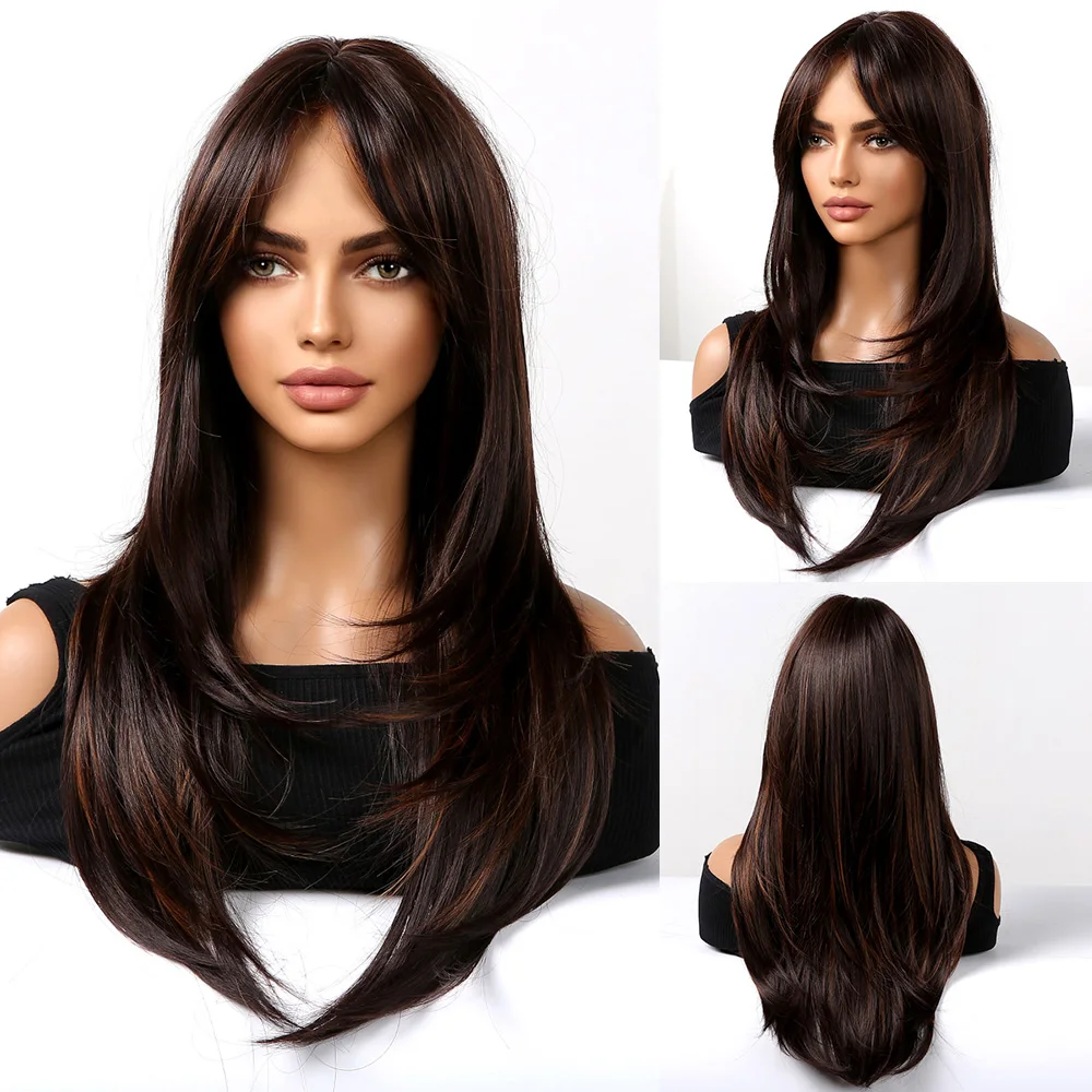 

Synthetic Long Wavy Wigs Mixed Black Brown Layered Wig with Bangs Heat Resistant Daily Cosplay Hair Wigs for Black Women