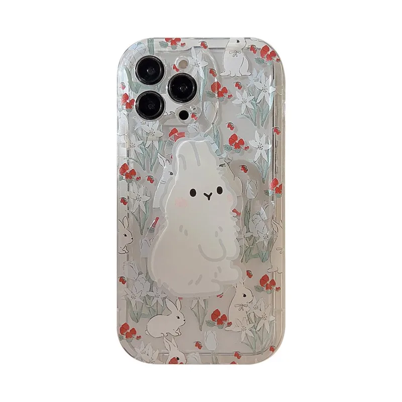 Korea Flower Rabbit with Stent Phone Case For iphone 14 13 12 11 Pro Max X XR XSMAX 7 8 Plus SE TPU Cute Case Cover New Products