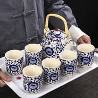 blue and white retro lifting beam pot tea set set ceramic chinese household tea pot tea cup simple opening event gift