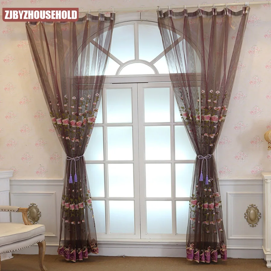Фиолетовые пионы вышитые флокирующие кружева оконные экраны вуаль европейские