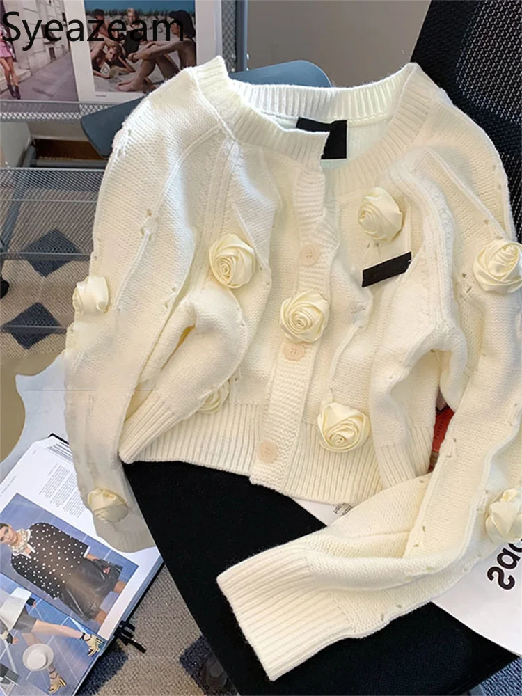 

Женский вязаный кардиган с цветами розы Syeazeam, Белый однобортный Кардиган во французском стиле, весна 2022