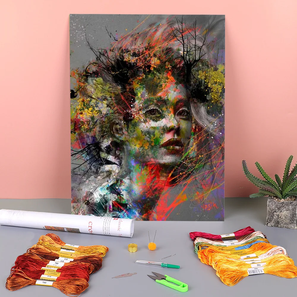 

Woman Portrait Printed 11CT Cross Stitch Kit Embroidery DMC Threads Handiwork Knitting Painting Sewing Package Home Counted