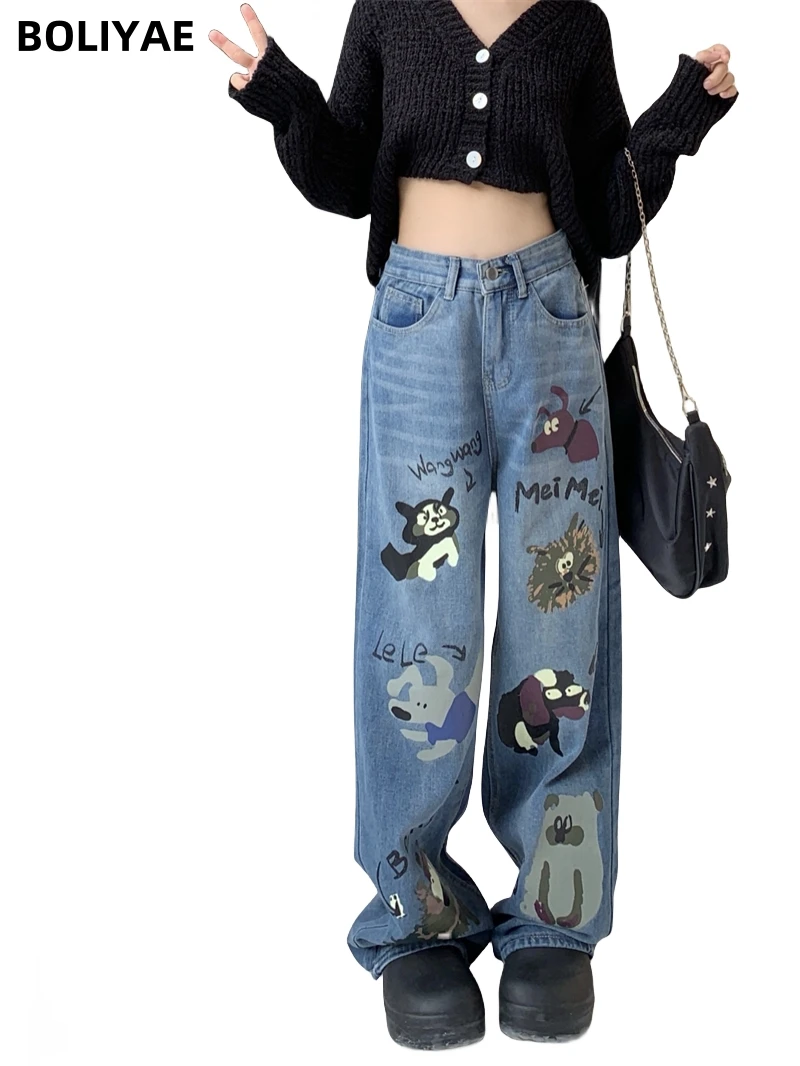 Boliyae граффити мешковатые джинсы женские ретро с высокой талией свободные джинсовые брюки Y2k Мода Harajuku уличная одежда прямые широкие брюки