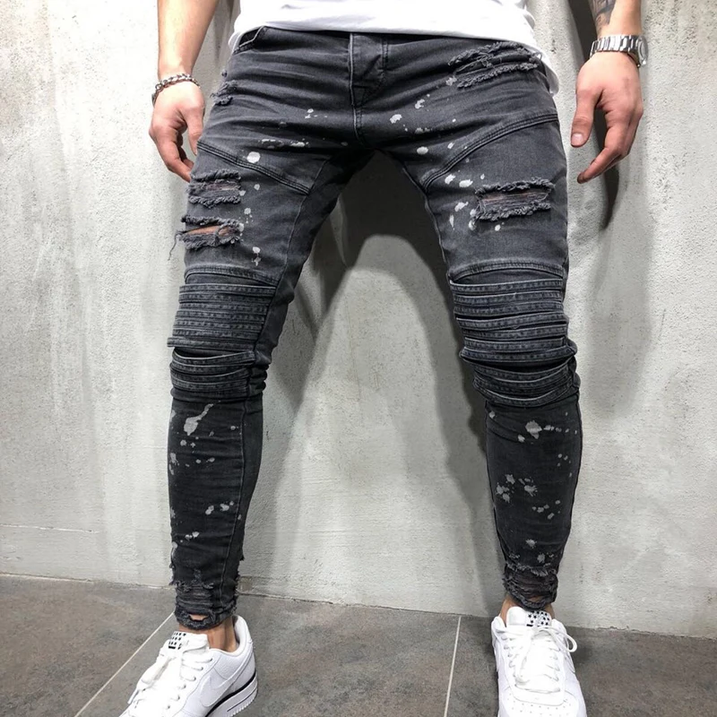 Men's Hole Fashion Jeans Slim Hip-hop Zipper Jeans Men's Fashion Knee Hole Zipper Small Foot Hole Pop Men's Motorcycle Pants