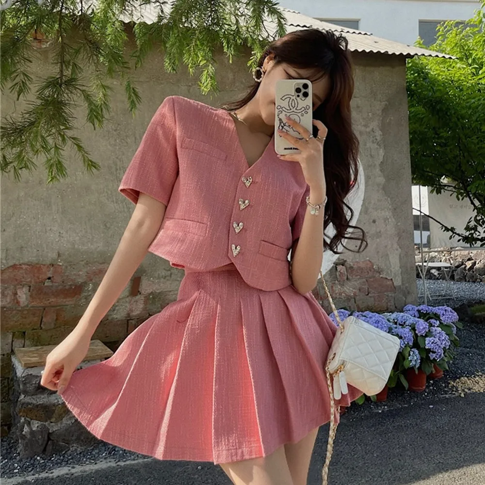 

Office Two Piece Set Women Summer New V Neck Chic Single-Breasted Short Jacket Coat+High Waist Pleated Mini Skirt Suits