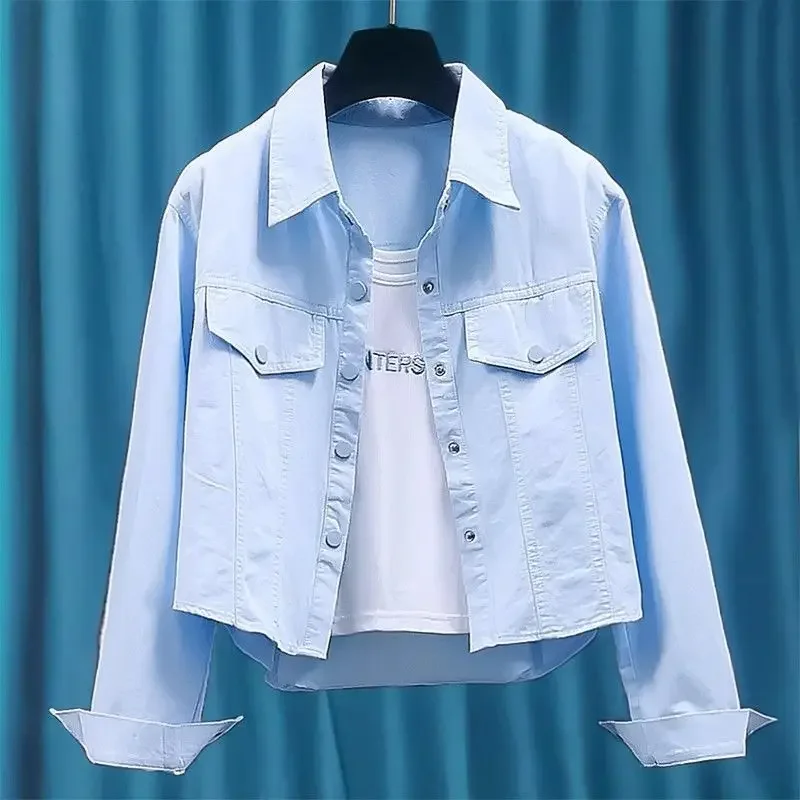 2024 укороченная женская однотонная куртка-рубашка с длинными рукавами