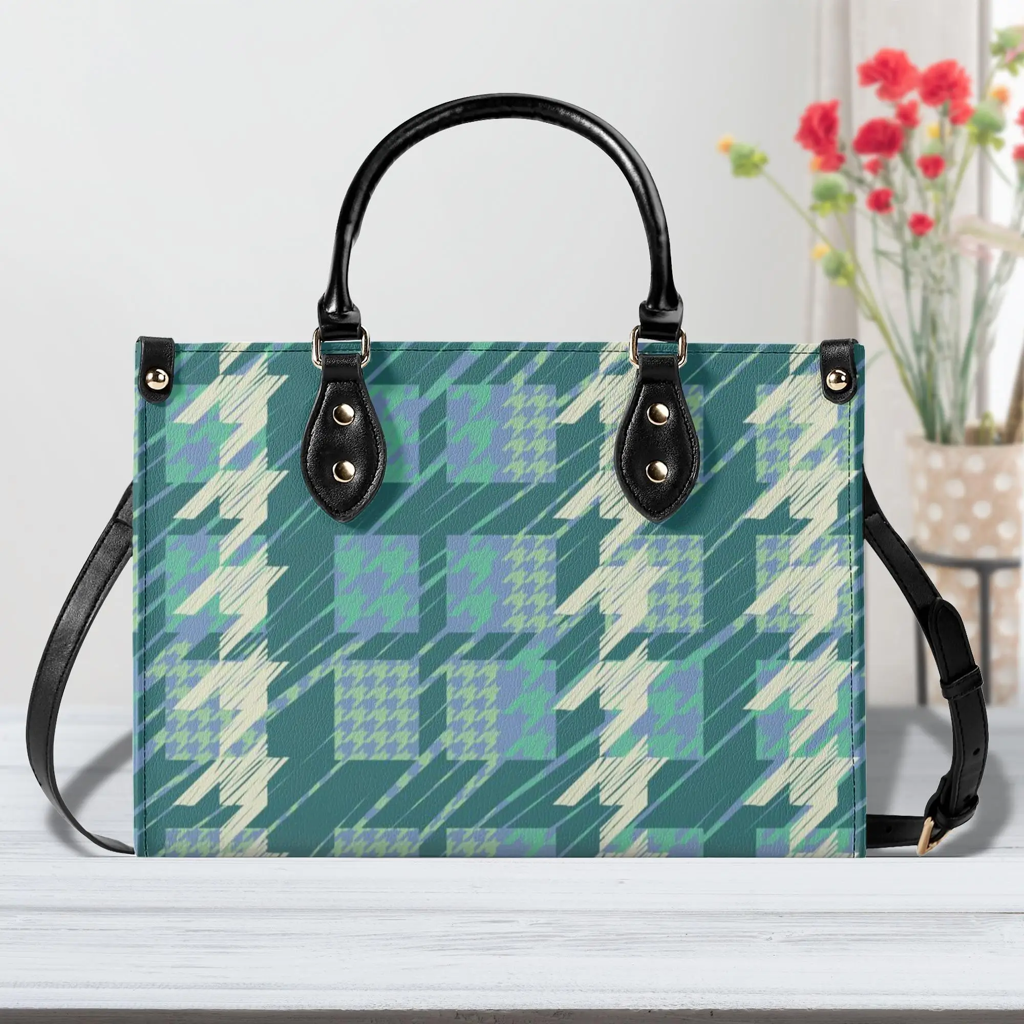 

Colorful Houndstooth Designer Vegan Leather Women Luxury Handbag Top Handle Large Capacity Shoulder Strap Shoulder Bag For Work