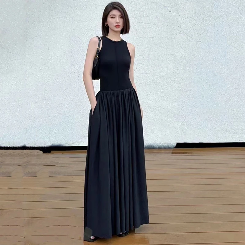

Quality New Summer Women Solid Bodycon Sleeveless Vest Top Patchwork Pocket Fall To The Ground Fit And Flare Swing Dress 2 Color