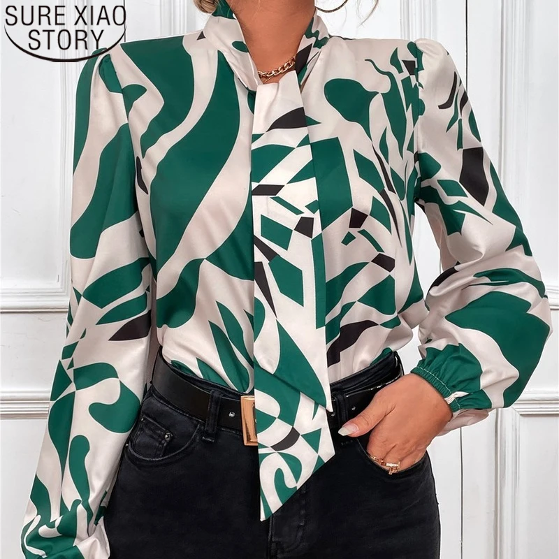 

Office Lady Fashion Bow Tie Lace Up Shirts Women Blouses Autumn Spring 2023 New Long Lantern Sleeve Stand Collar Clothes 22936