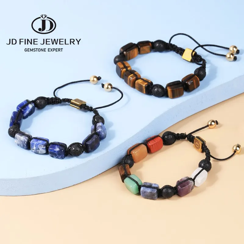 

JD Natural Amethysts Square Beads Braided Bracelet 7 Chakra Handmade Stone Energy Bangles Men Women Yoga Reiki Jewelry Gift