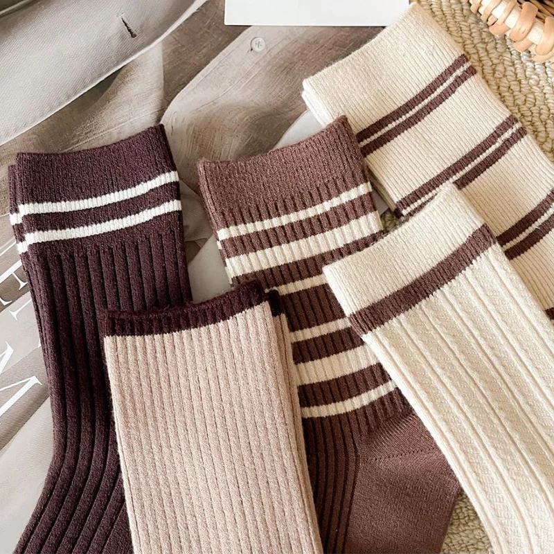 5 Pairs Winter Thicken Wool Socks Women Fashion Stripes Middle Tube  Keep Warm Socks Set Japanese Style Slouch Soft Comfortable
