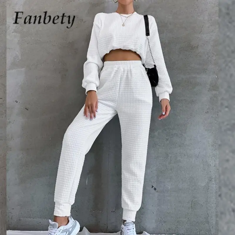 

O Neck Long Sleeve Short Top Women Suit Solid Color White Plaid Casual Two-piece Set Autumn High Waist Pencil Pants Sports Suit