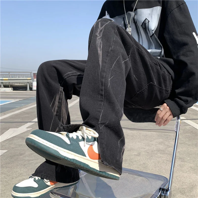 

Blue Black Baggy Jeans Men Fashion Casual Wide Leg Jeans Mens Streetwear Loose Hip Hop Straight Tie Dye Denim Pants Men S-3XL