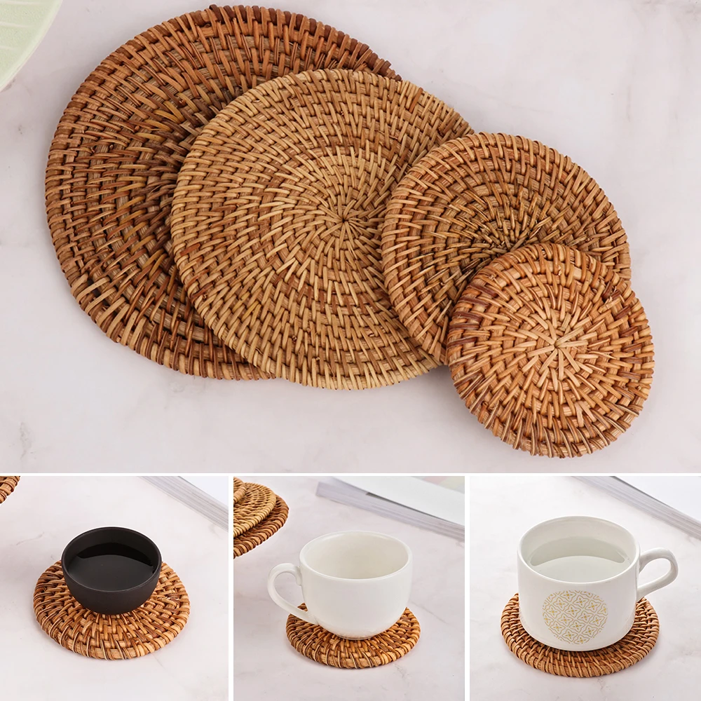 

8-20CM Cup Mat Round Natural Rattan Hot Pad Hand Woven Hot Insulation Placemats Table Padding Kitchen Decoration Accessories