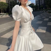 2022 summer new short white puff sleeve a line skirt french design niche dress women bodycon dress sheath high street