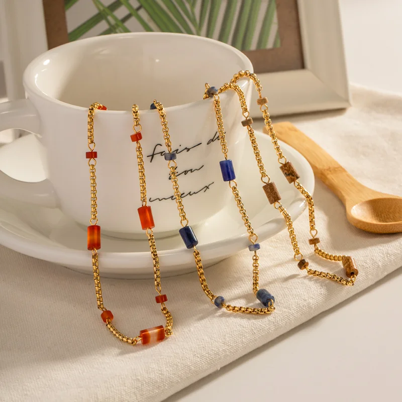 

Minar Chic Blue Red Brown Natural Stone Lapis Lazuli Agate Strand Necklaces Women 18K Gold PVD Plated Stainless Steel Necklace