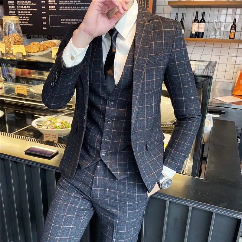 

Boutique high-end fashion (suit + waistcoat + trousers) British dress business handsome trend gentleman three-piece set