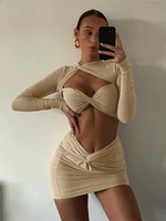2022 sexy cut out ruched two piece sets women summer bow long sleeve crop top and mini skirt elegant club outfits