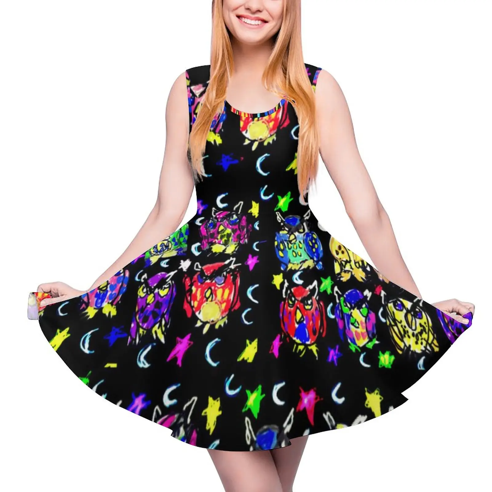 

Owl Print Dress Fall Stars Moon Aesthetic Dresses Women Sexy Skate Dress Spring Graphic Vestidos Big Size