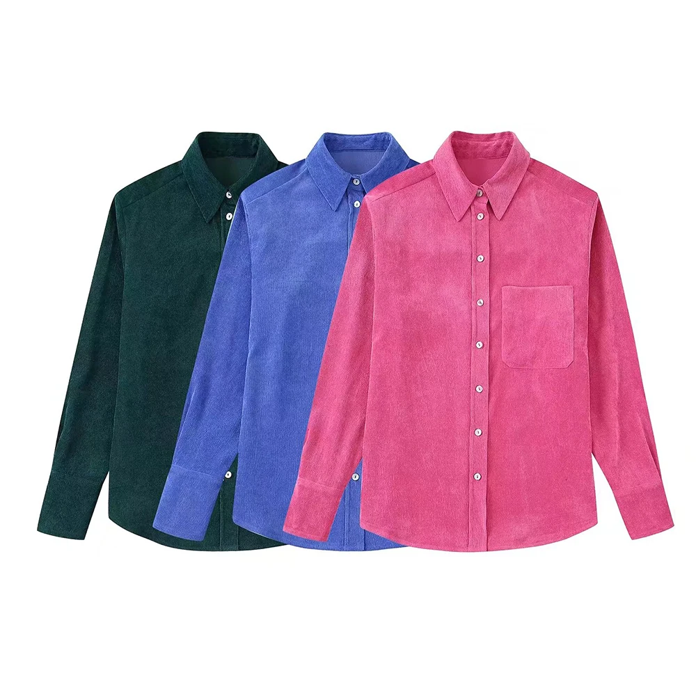 

Women's Fall 2022 New Casual Fashion Chic Thin Corduroy Shirt Retro Lapel Long Sleeve Single Breasted Loose Solid Color Top