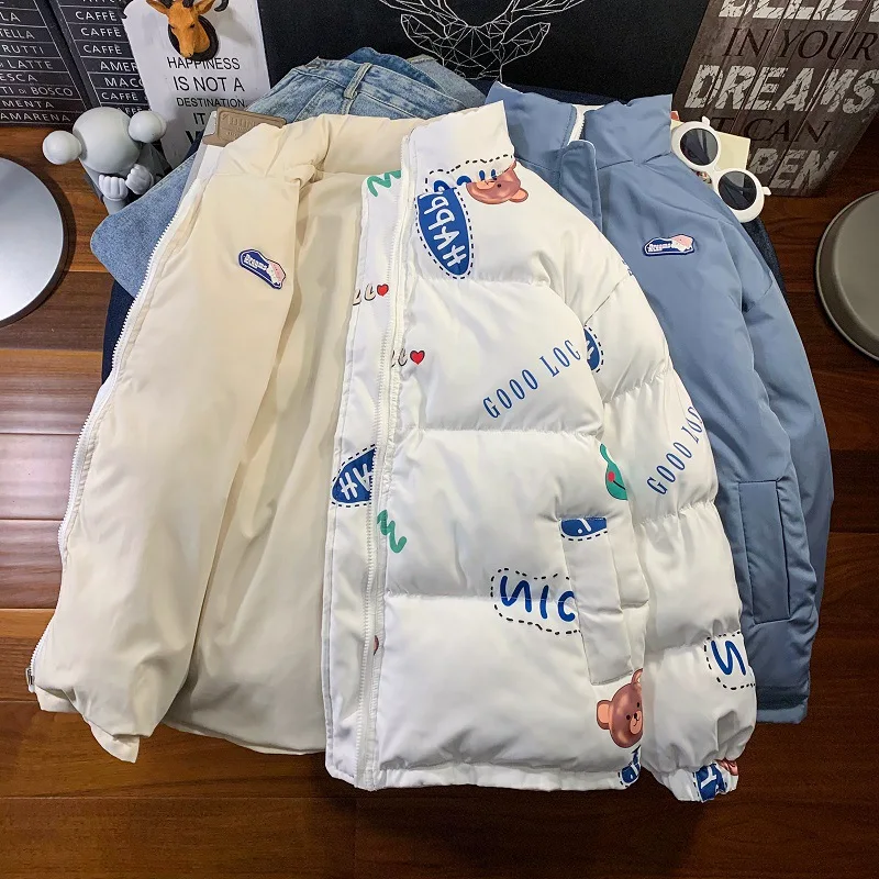 2022 New Winter Double-sided Parkas Harajuku Solid Color Print Cartoon Unisex Winter Jackets for Men Streetwear Women Coat Zip