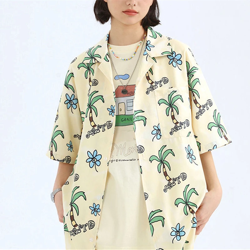 

Apricot Coconut Tree Hand-Painted Cute Graphic Button Up Shirt Men Women Kawaii Beach Casual Blouse Summer Hawaii Oversized Tees