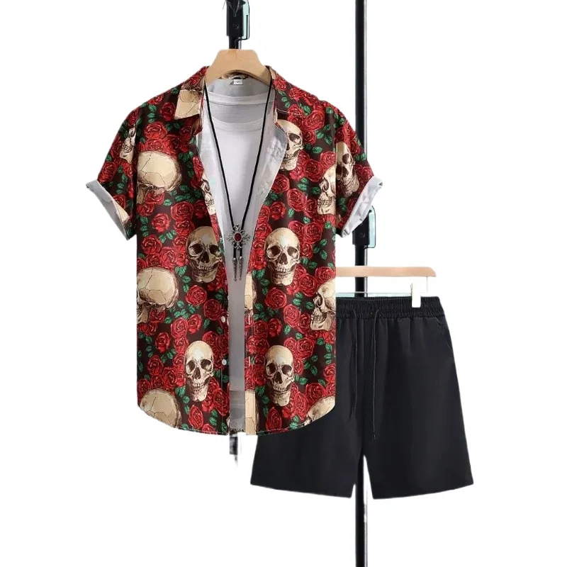 Мужская рубашка с коротким рукавом и шорты принтом черепа розы комплект из 2