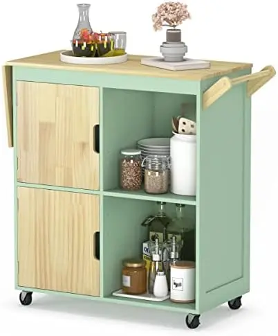 

Rolling Kitchen Island, Kitchen Island Storage Cabinets on Wheels with Drop Leaf Countertop, Handle Racks, Caster Liquor Cart Su