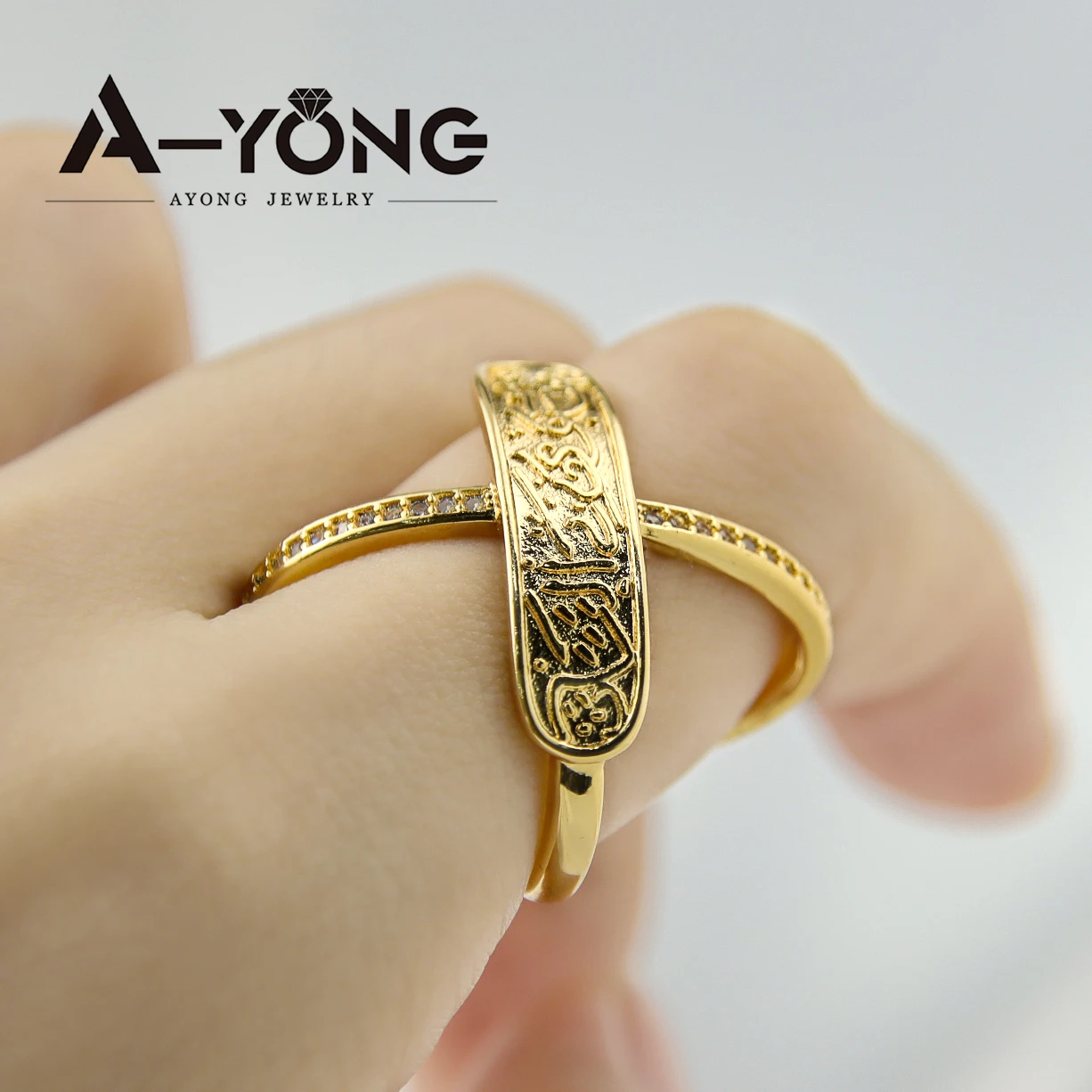 

AYONG Italian Women Cross Finger Ring 21k Gold Plated Zircon Rhinestones Copper Couples Rings Women Party Accessories