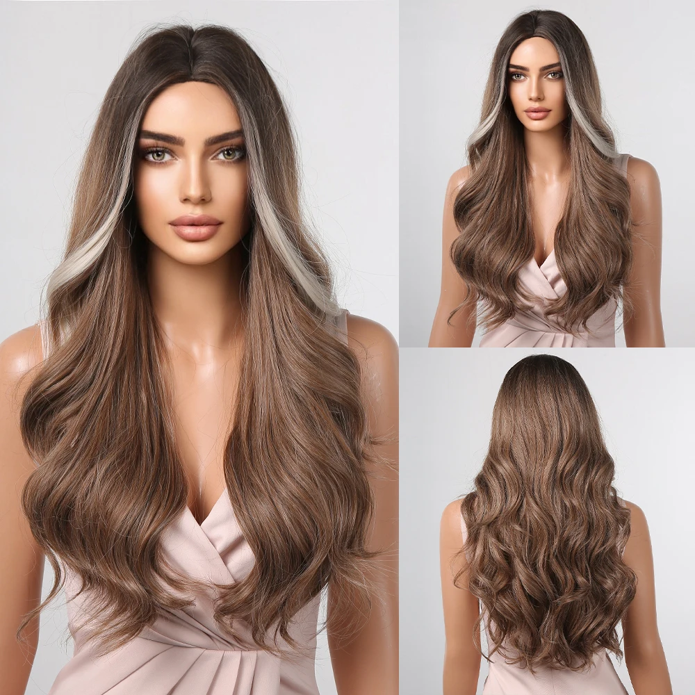 

Длинные волнистые синтетические парики henmargu, коричневые, светлые натуральные парики для косплея, парики для женщин средней части, парик термостойкий