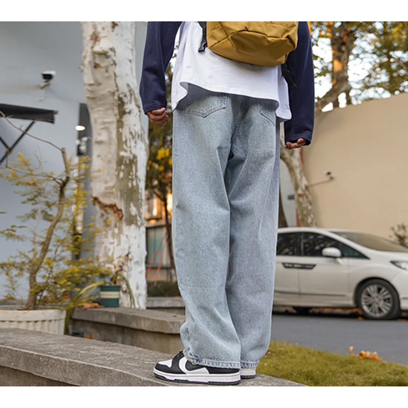 Men Clothing 2022 New Pattern Vintage Recreational Wathet Pants Straight Cylinder Comfortable Versatile Loose Jeans Autumn Women