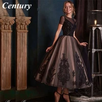 century new arrival dubai evening dress short sleeve black lace appliques evening gowns 2022 abendkleider formal dress party