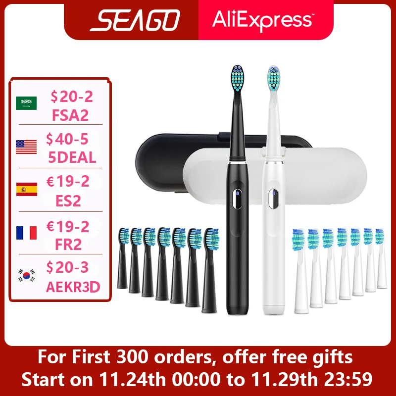 SEAGO Electric Toothbrush Rechargeable Buy 2 Pieces Get 50% Off Sonic Toothbrush 4 Mode Travel Toothbrush with 3 Brush Head Gift