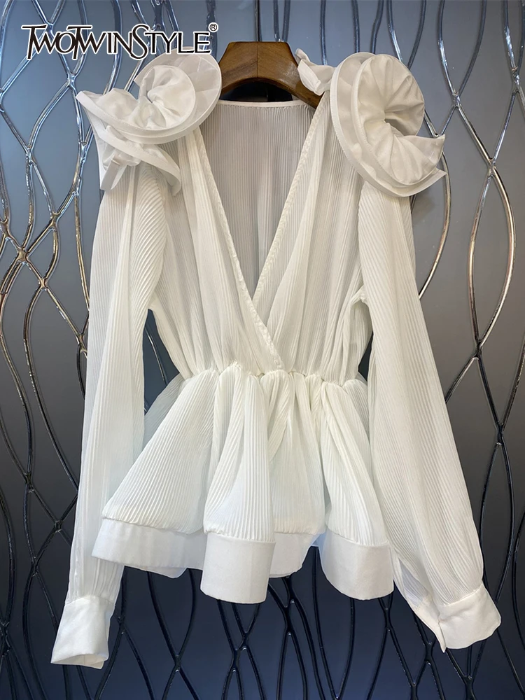 

Женская Туника TWOTWINSTYLE, однотонная блузка с v-образным вырезом и длинным рукавом, Повседневная Свободная блузка с цветочным принтом, модная одежда 2023