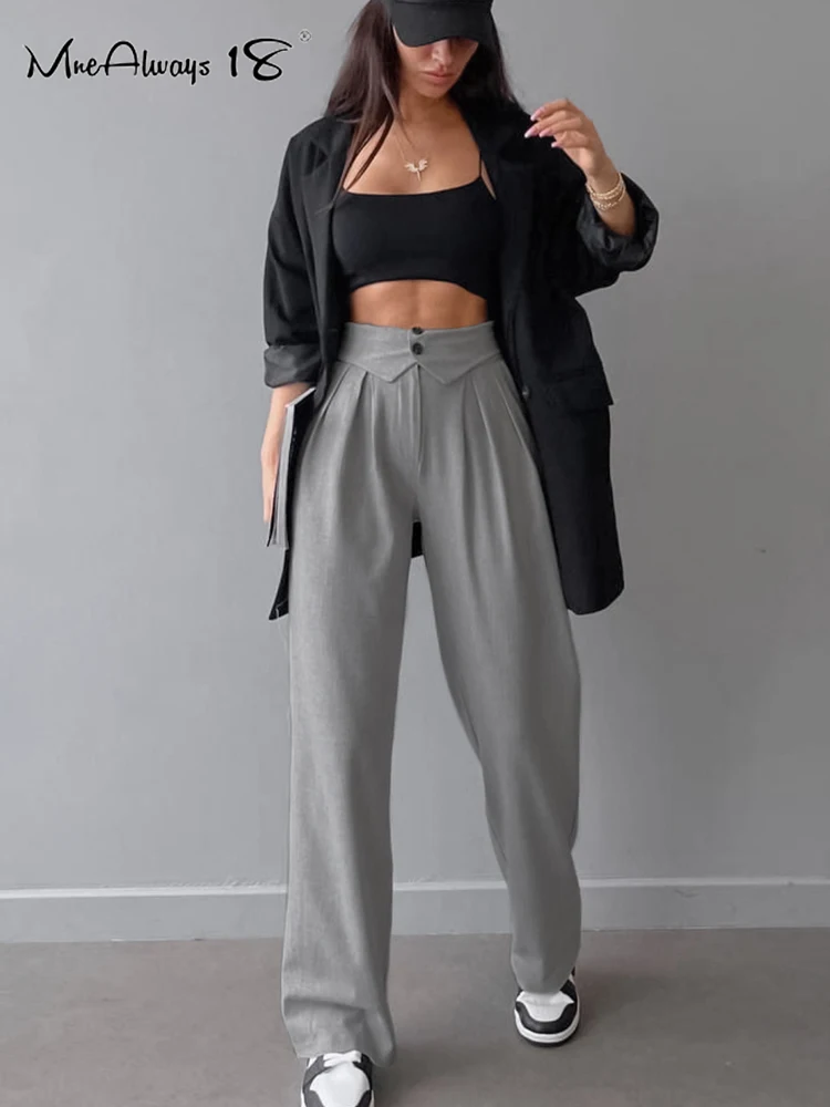 

Mnealways18 серые брюки с высокой талией со складками на пуговицах Женские повседневные плиссированные мешковатые брюки весенне-Летние повседневные офисные женские длинные брюки