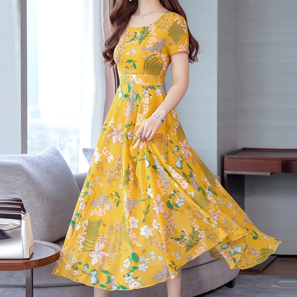 

Dresses For Women Party Women's Casual Fashion O-neck Flower Print Short Sleeve Beach Dress Vestidos Mujer Платья