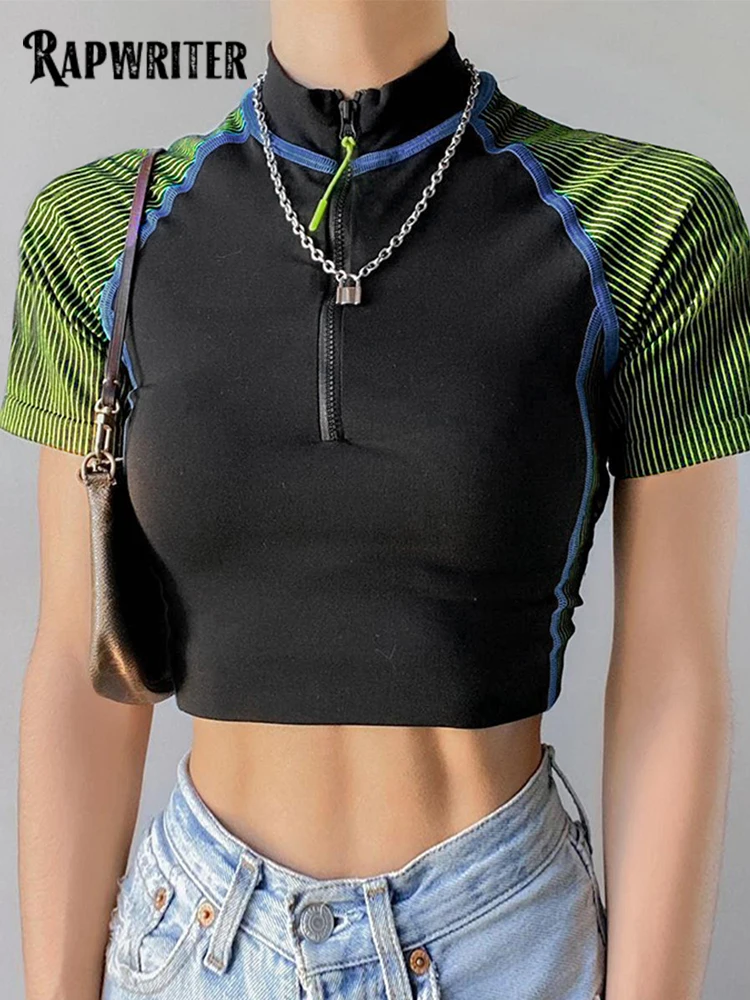 

Футболка женская в контрастную полоску, на молнии, летняя