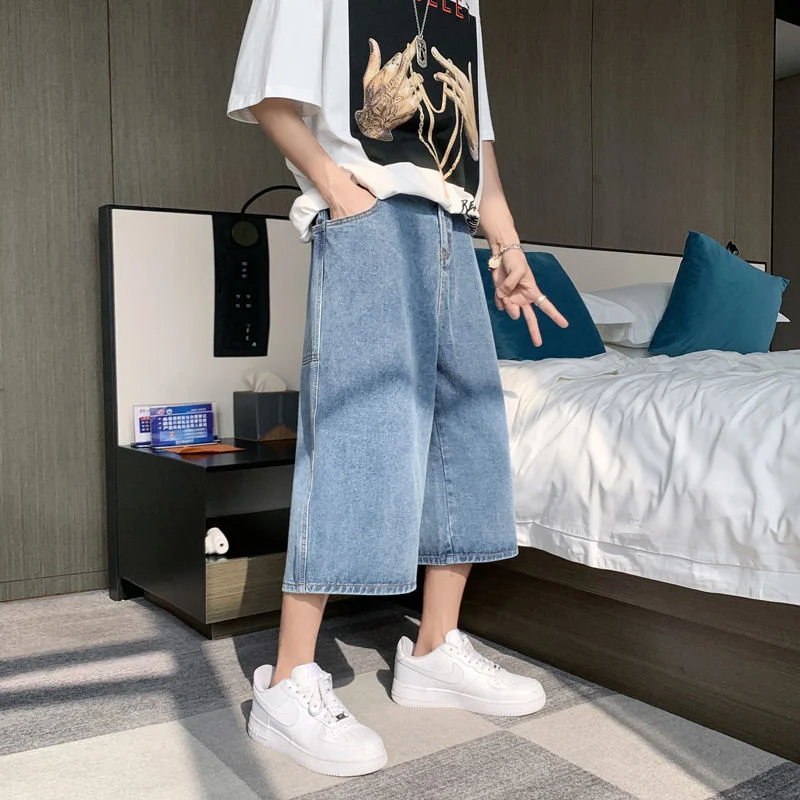 Summer Blue Cropped Jeans Men Fashion Casual Wide Leg Jeans Mens Streetwear Loose Hip Hop Straight Jeans Men Denim Shorts M-2XL