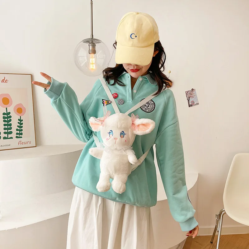 

Kawaii Lolita Sheep Plush Backpack Inclined Shoulder Bag Fashion Phone Coin Chain School Bag Toys for Girls Girlfriend Gift