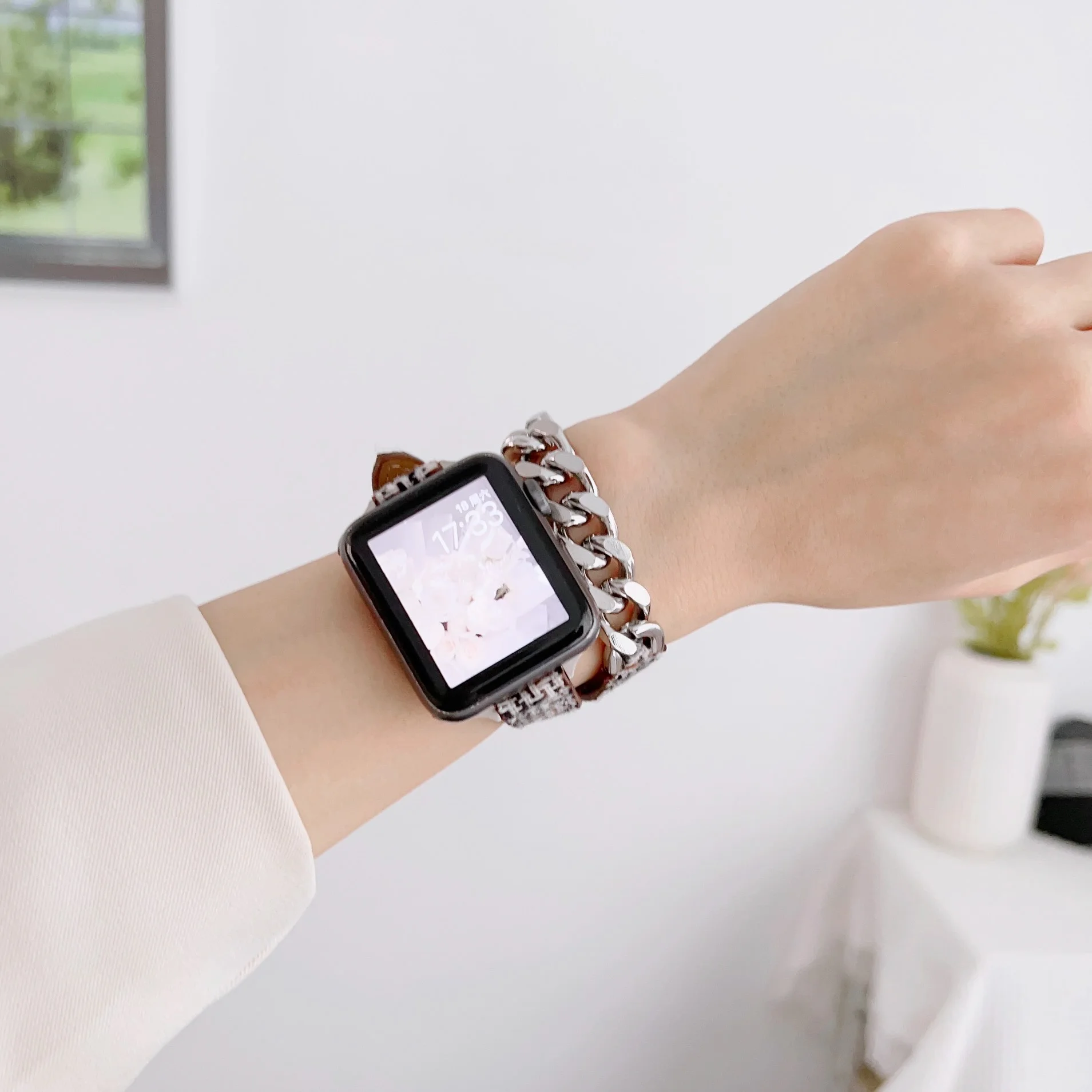 Genuine leather Strap for Apple Watch band bracelet chain double ring iwatch87654321SE Ultra38mm40mm41mm42mm44mm45mm49mm slim