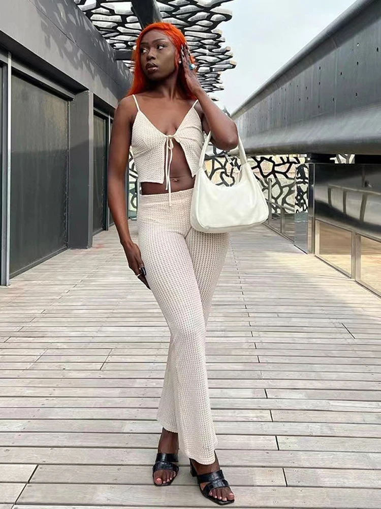 

Women's Tracksuits Knitted Crop Top+Flare Pants Sets 2 Pieces Suits Matching Sets Summer 2022 Street Style Solid Vintage Outfits
