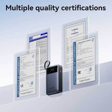 Портативный внешний аккумулятор Vention 65 Вт, 20000 мАч, PD, быстрая зарядка со встроенным кабелем USB Type-C для ноутбуков iPhone 16 15 14 13 Pro Max