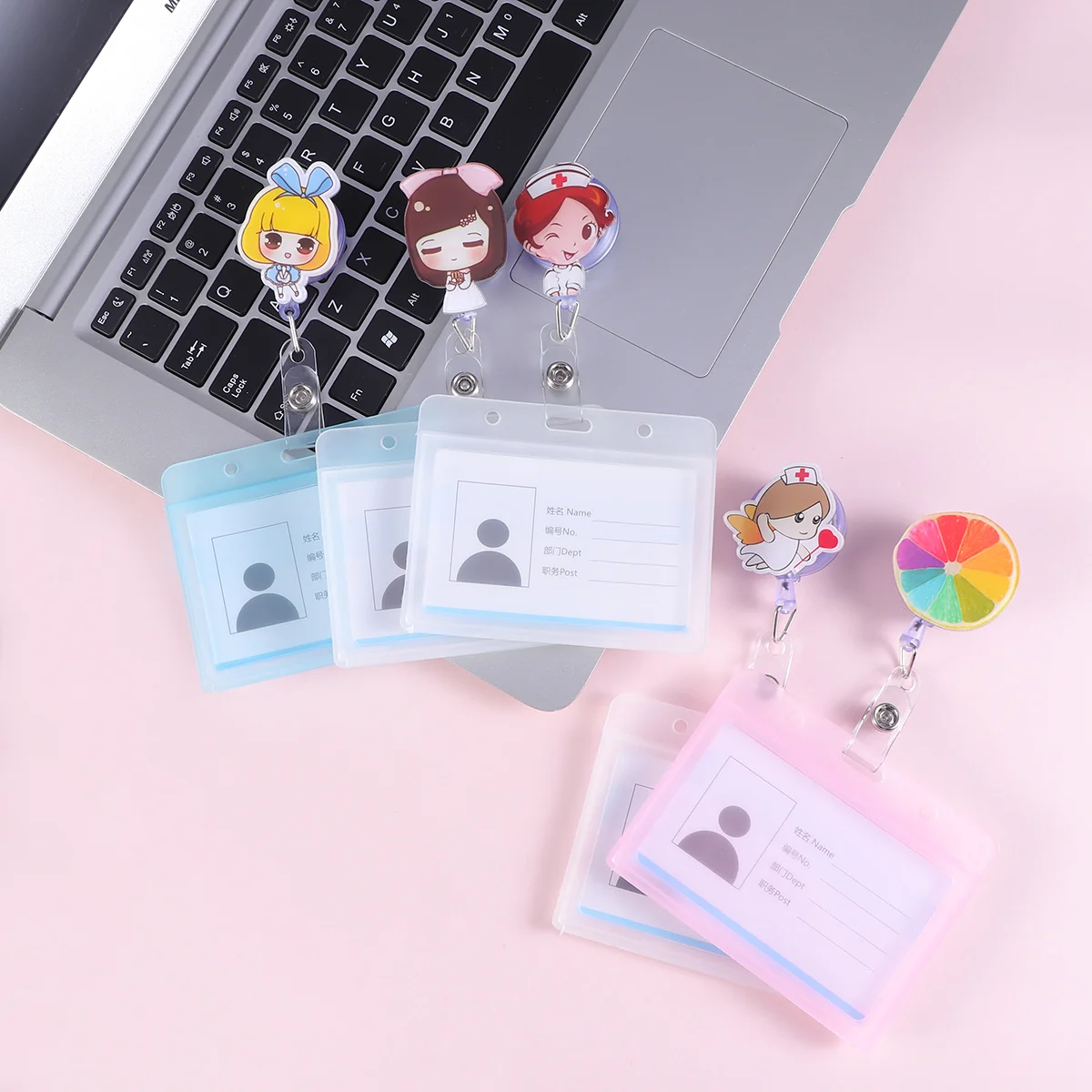 

5 Pcs Cartoon Holder Badge Reel Cover Waterproof Set Lanyard for Nurse (Blue Skirt Girl + Blue Scrub, Orange + Pink Nursing