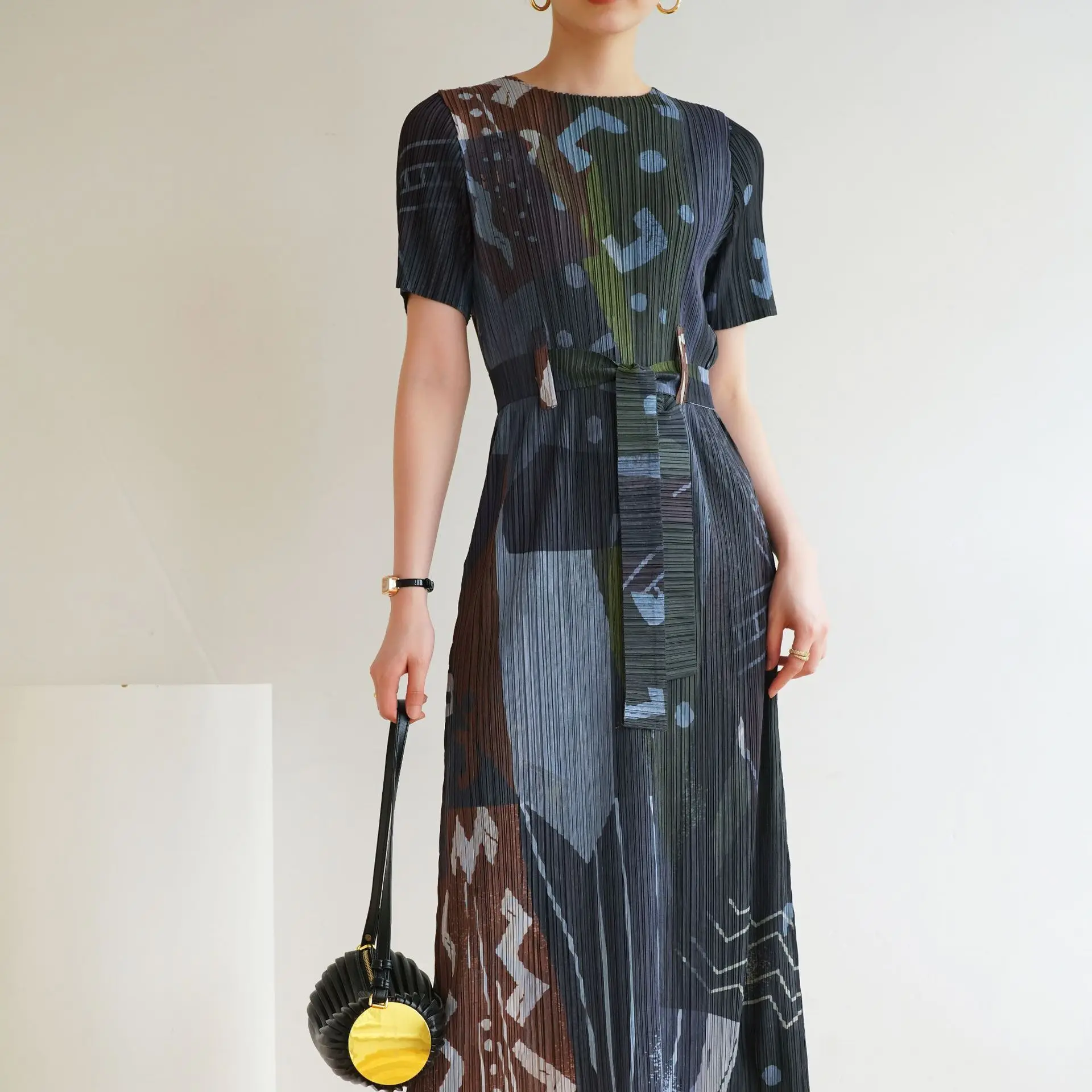 2023 Summer Fold Fashion Print Mid-length Back Split Dress Crewneck Pullover Elastic Waist Casual A-line Skirt with Belt