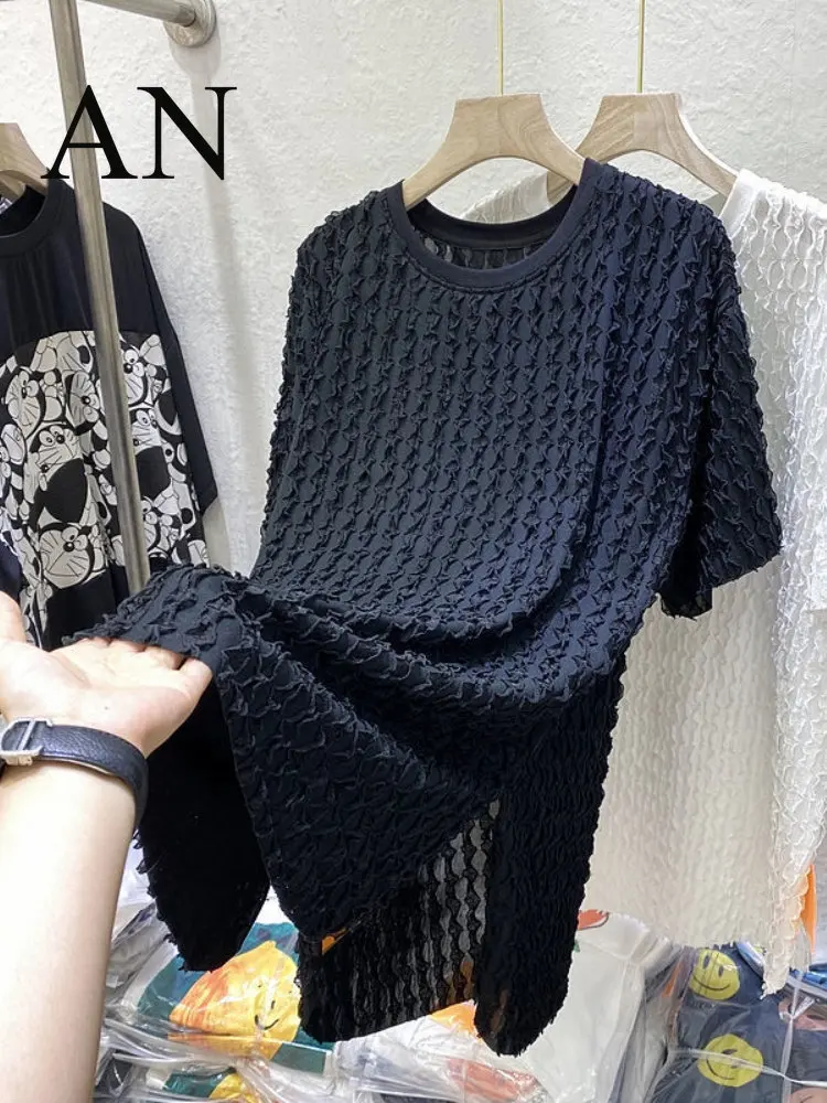 

Wooden Ear Stitching Chiffon Shirt Women's Summer Loose Long New Split Short Sleeve T-shirt Y2kTop Graphic Tee Graphic T Shirts