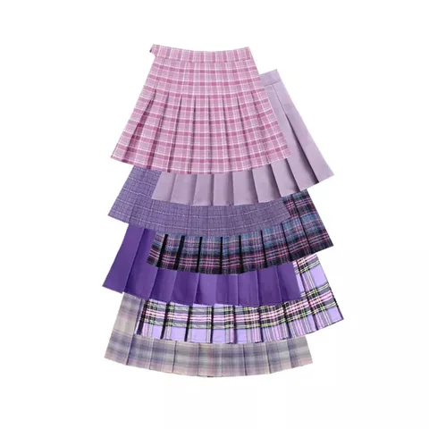 Purple Women Pleated Skirts High Waist Woman Plaid Mini Skirt Preppy Style Casual Female Skirts Sweet A-line Ladies Short Skirt