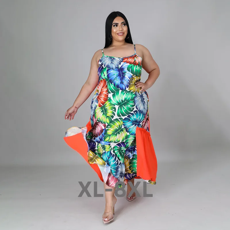 

Plus Size 5xl Bohemia Summer Women Maxi Long Dreeses Fashion Flower Printed Spaghetti Strap Dress Wholes 3xl 4xl 5xl 6xl