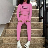 2021 new design ladies casual pink print suit sportswear solid pullover pants suit autumn winter high collar embroidery suit