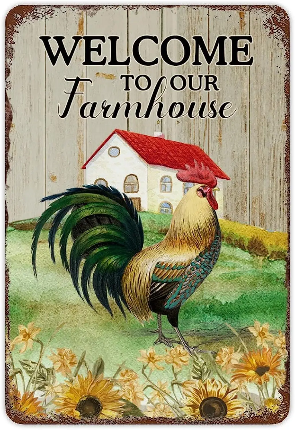 

Rooster Farm Landscape Tin Sign Farm Landscape Meal Sign Farm Animal Floral Nature Style Iron Poster Painting Garden