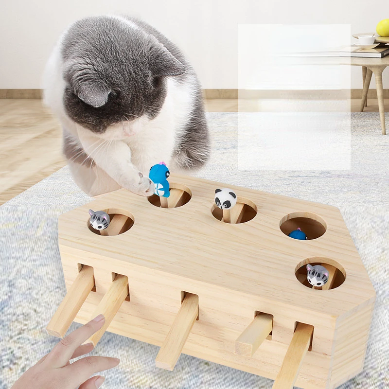 

Cat Toy Hit Ground Mouse Interaction Puzzle Pet Dog Cat Toy Five Hole Solid Wood Large Cat Kitten Play Toy